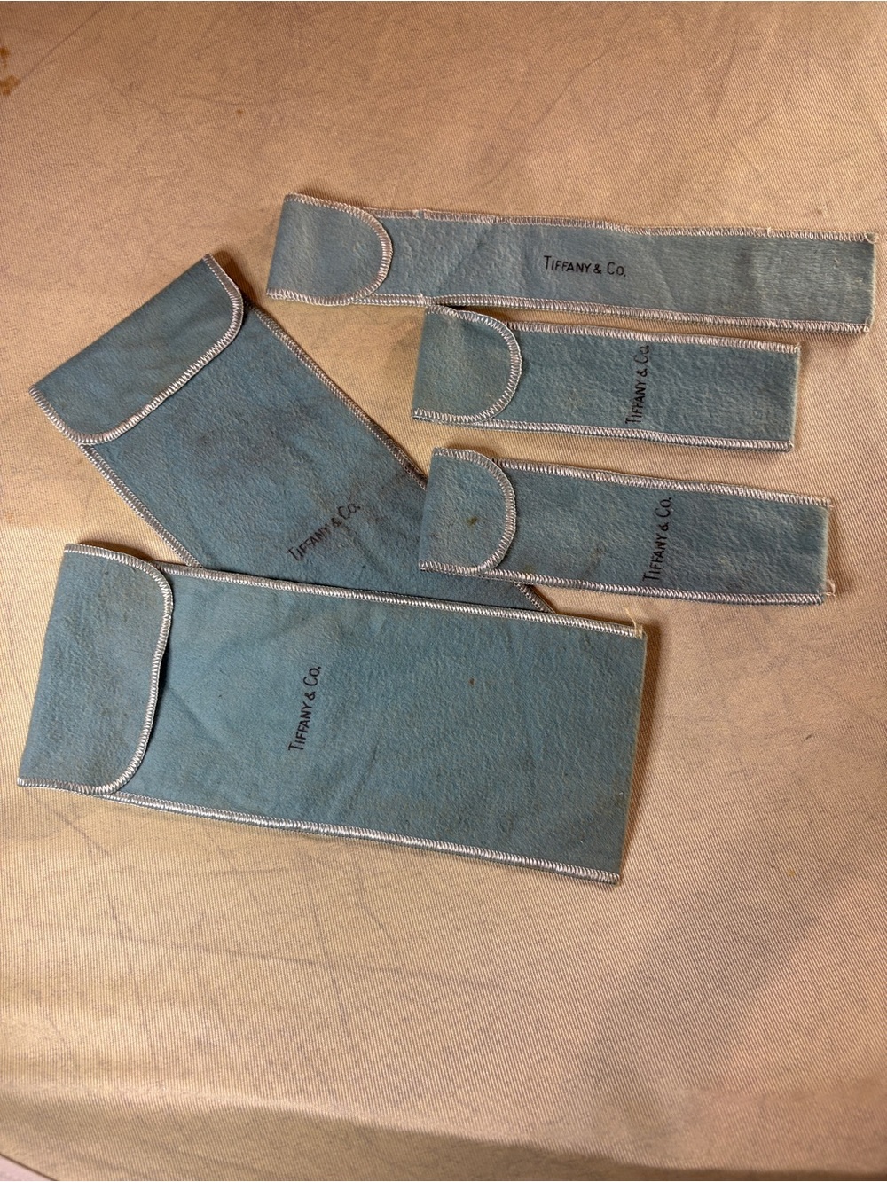 Tiffany & Co. Blue Velvet Anti Tarnish Sleeves and Pouches. 5 Pieces